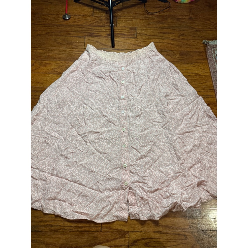 Pink Floral Button Down Midi Skirt Smocked Elastic‎ Waist A-Line Cottagecore